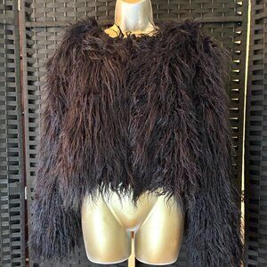 WOWO~Faux Black MONGOLIAN FUR Cropped Shaggy Bomber JACKET~Size Large